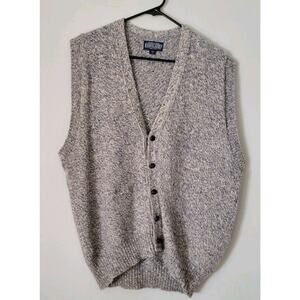 VTG Lands End Mens Wool Blend Button Up Sweater Vest Large Blue Grandpa Core